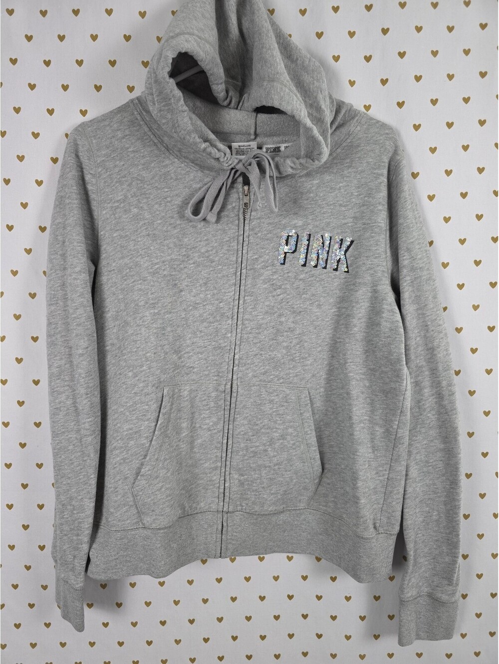 Victorias Secret Pink CHICAGO Bling Heart Sequined Full Zip Hoodie Jacket LARGE - Picture 2 of 5